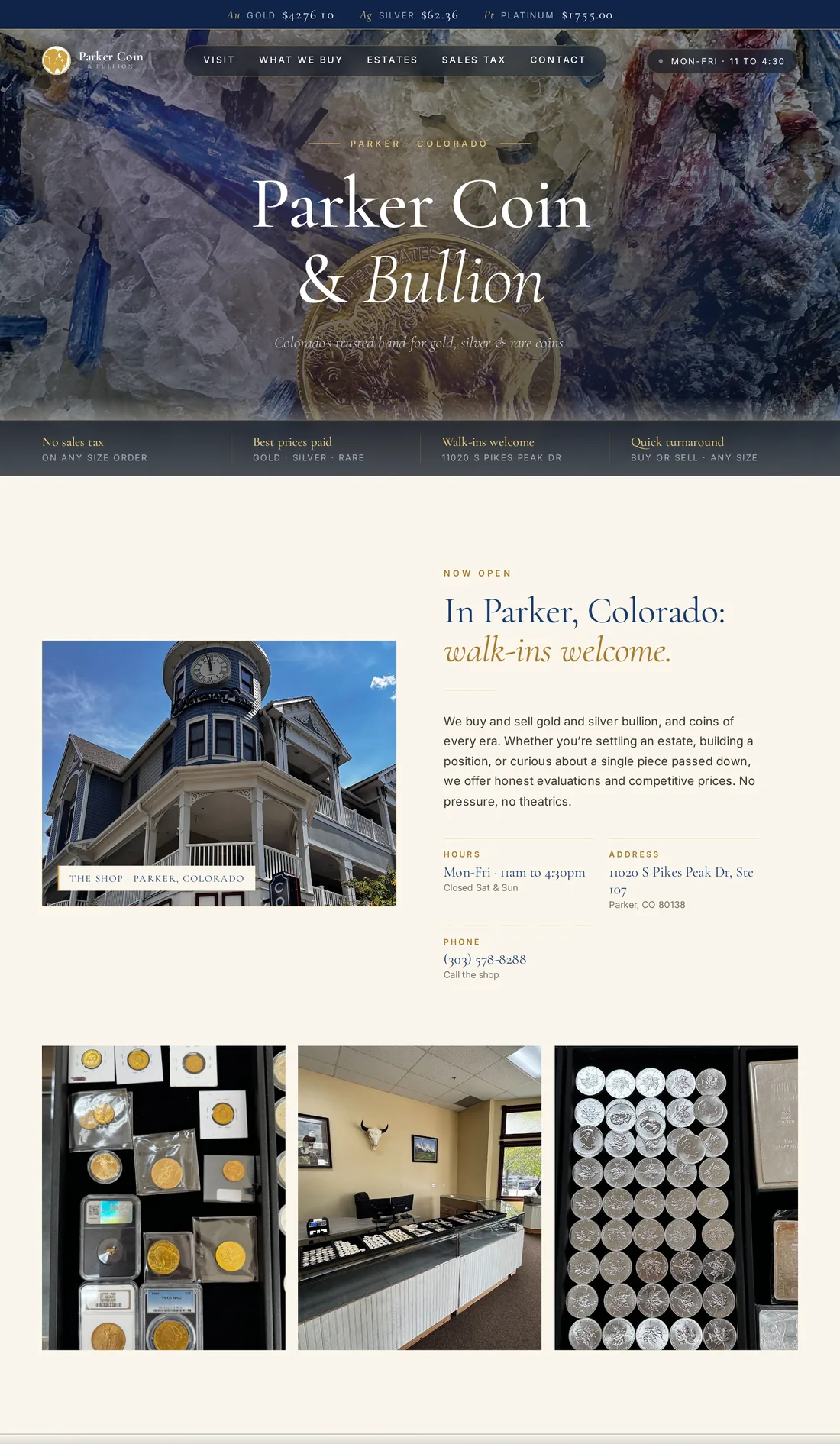 The parkercoinshop.com homepage